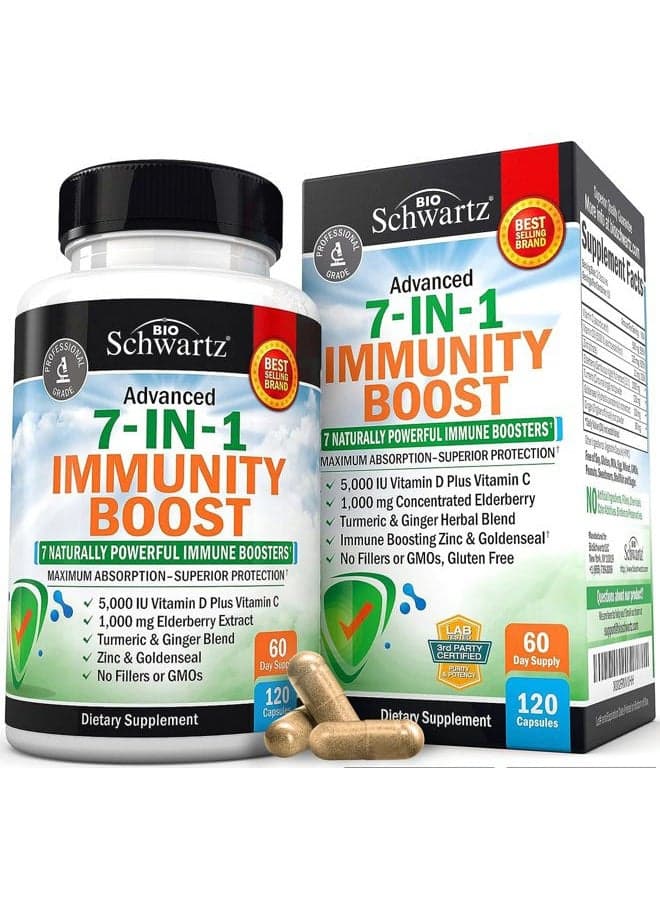 Immune Support Supplement with Zinc Vitamin C Vitamin D 5000 IU Elderberry Ginger D3 Goldenseal - Dr Approved Immunity Vitamins for Adults Women and Men - Natural Immune System Booster Defense -120ct