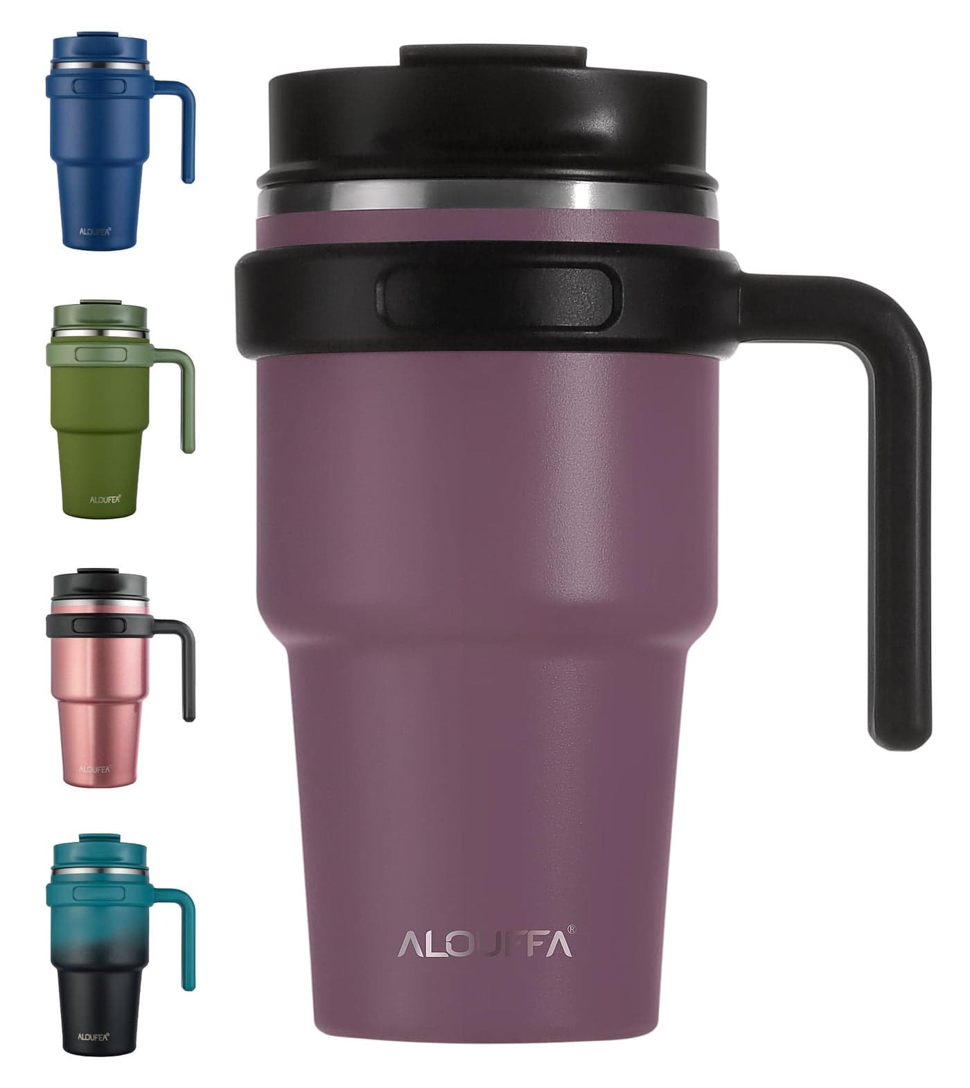 ALOUFEA 20 oz Insulated Coffee Mug Tumbler with Handle, Stainless Steel Travel Mug Tumbler with Lid and Straw, Double Wall Vacuum Leak Proof Ice Coffee Thermal Cup, Plum