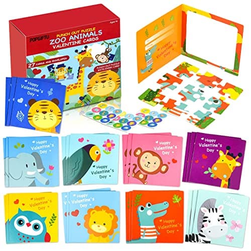 Valentines Day Puzzle Cards for Kids 27 Pack Animal Jigsaw Puzzle Cards with Envelopes Stickers Bulk for Classroom Gift Exchange Valentine Party Favors for School Toddlers Girls Boys Class Prizes