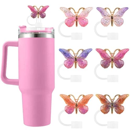 SEMATA 6PCS Cute Butterfly Straw Cover Cap for Stanley Cup Accessories,Bling Straw Toppers for Stanley Tumbler 40&30 oz,Reusable Straws Tips Protectors Compatible with 10mm Straws (Fuchsia)