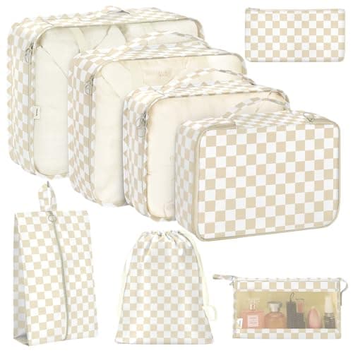 8 Set Packing Cubes for Travel Luggage Packing Organizers Accessories Large Toiletries Bag for Clothes Shoes Cosmetics Khaki Checkered
