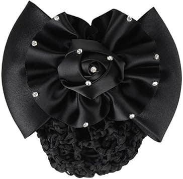 1Pcs Hair Bun Clip Cover Net Snood Hair Barrette Rhinestone Satin Bow Bowknot Snood Net Hair Clip Hairnet Hair Accessories for Hotel Waitress Air Hostess Nurse Black