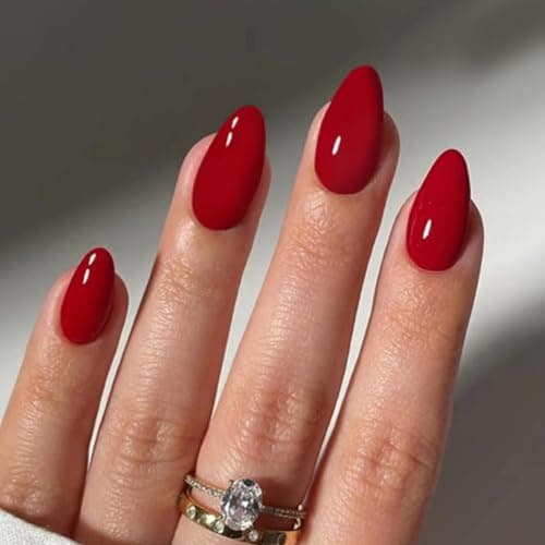 Red Press on Nails Medium Almond Fake Nails Solid Red Color False Nails Reusable Glossy Artificial Acrylic Nail Press ons Christmas Nail for Women Daily Wear Manicure 24pcs