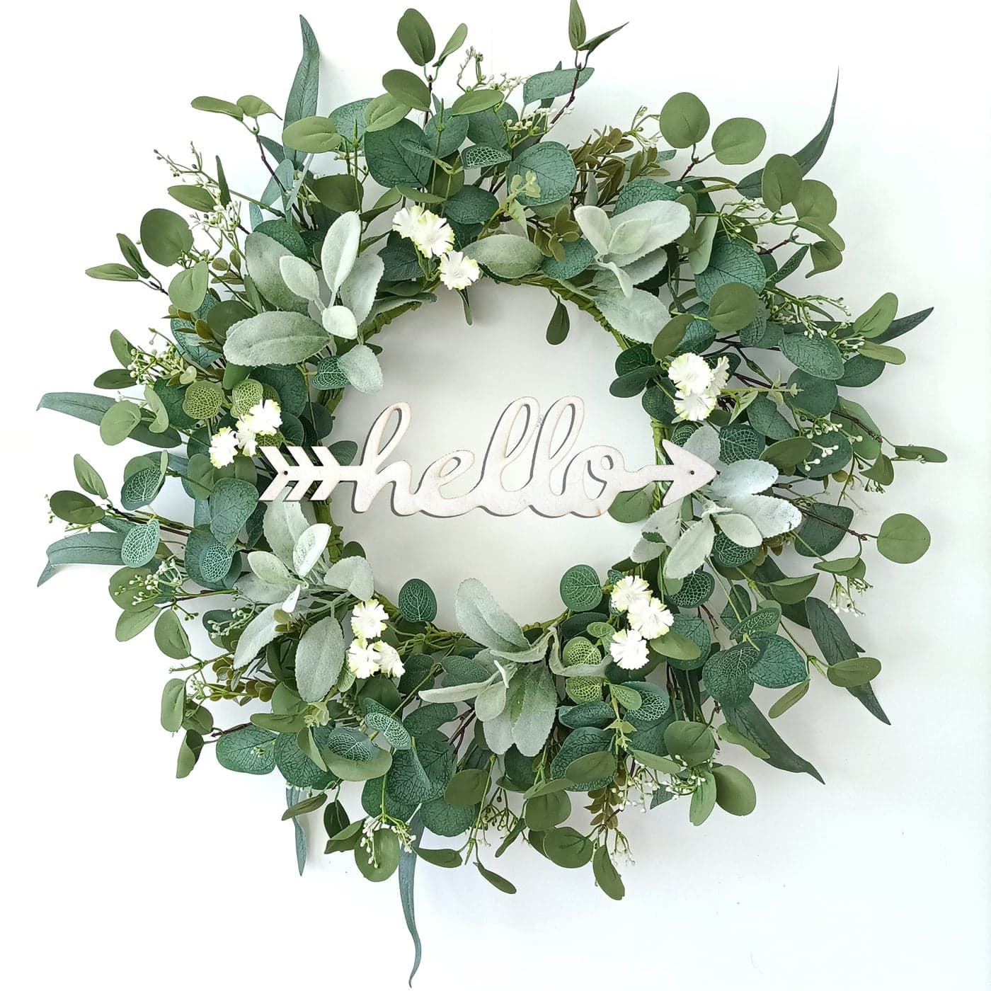 TOKCARE 22 Inch Eucalyptus Wreath with Hello Sign Spring Summer Wreaths for Front Door Green Winter Wreaths for Front Door WindowsPorchFireplaceIndoors and Outdoor Home Decoration