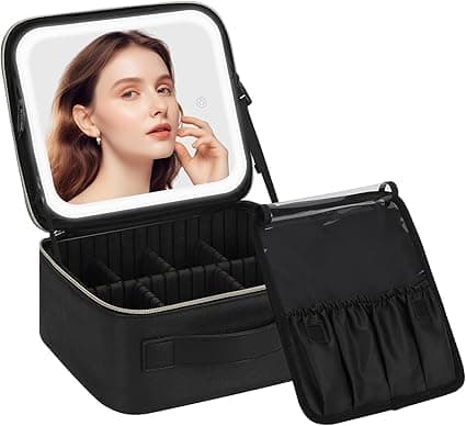 Aspeona Travel Bag Cosmetic Case with LED Lights and Mirror Makeup Tool Organizer Bag Makeup Brush Bag with 3 Color Lights Adjustable Dividers Brush Holder for Women and Makeup Artists Black
