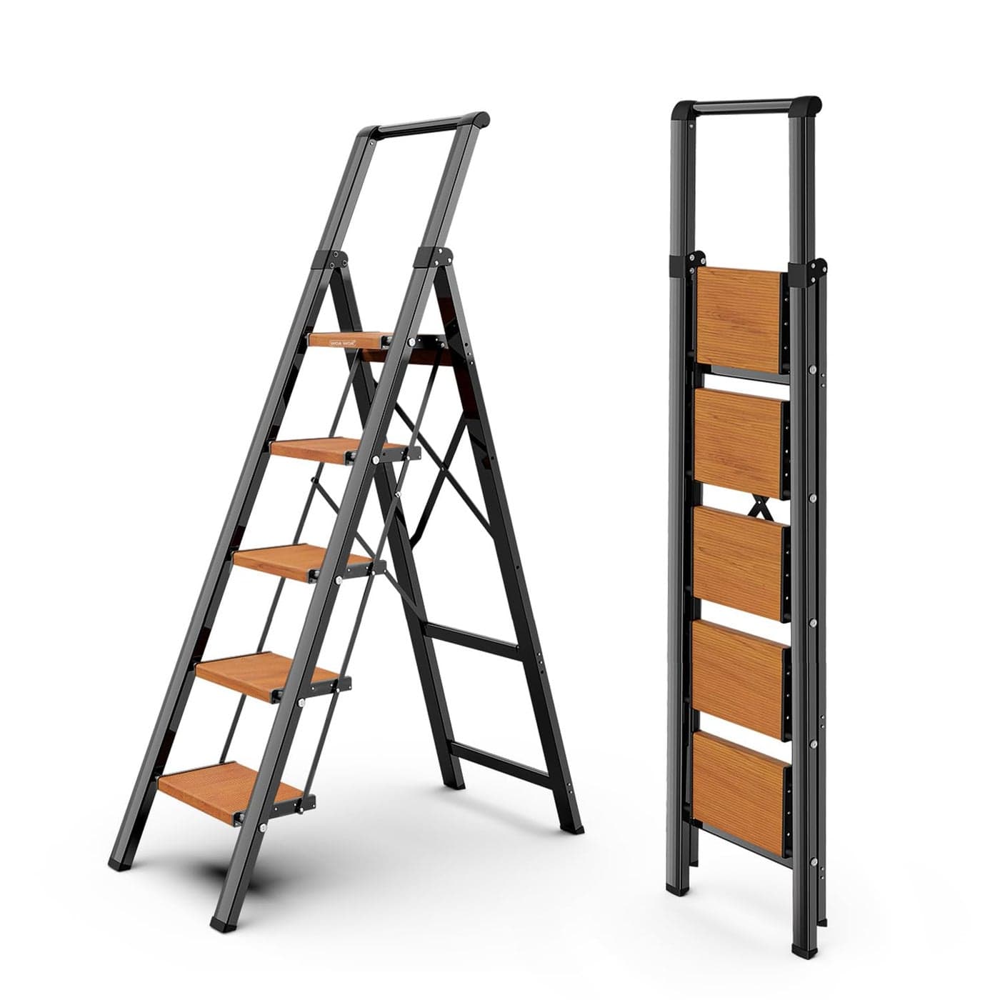 WOA WOA 5 Step Ladder Ladders for Home AntiSlip Pedals Aluminum Step Stool Foldable Lightweight to Move Ease of Storage Reach 10ft for Closet Kitchen Library Hold 300lbs BlackWood Grain