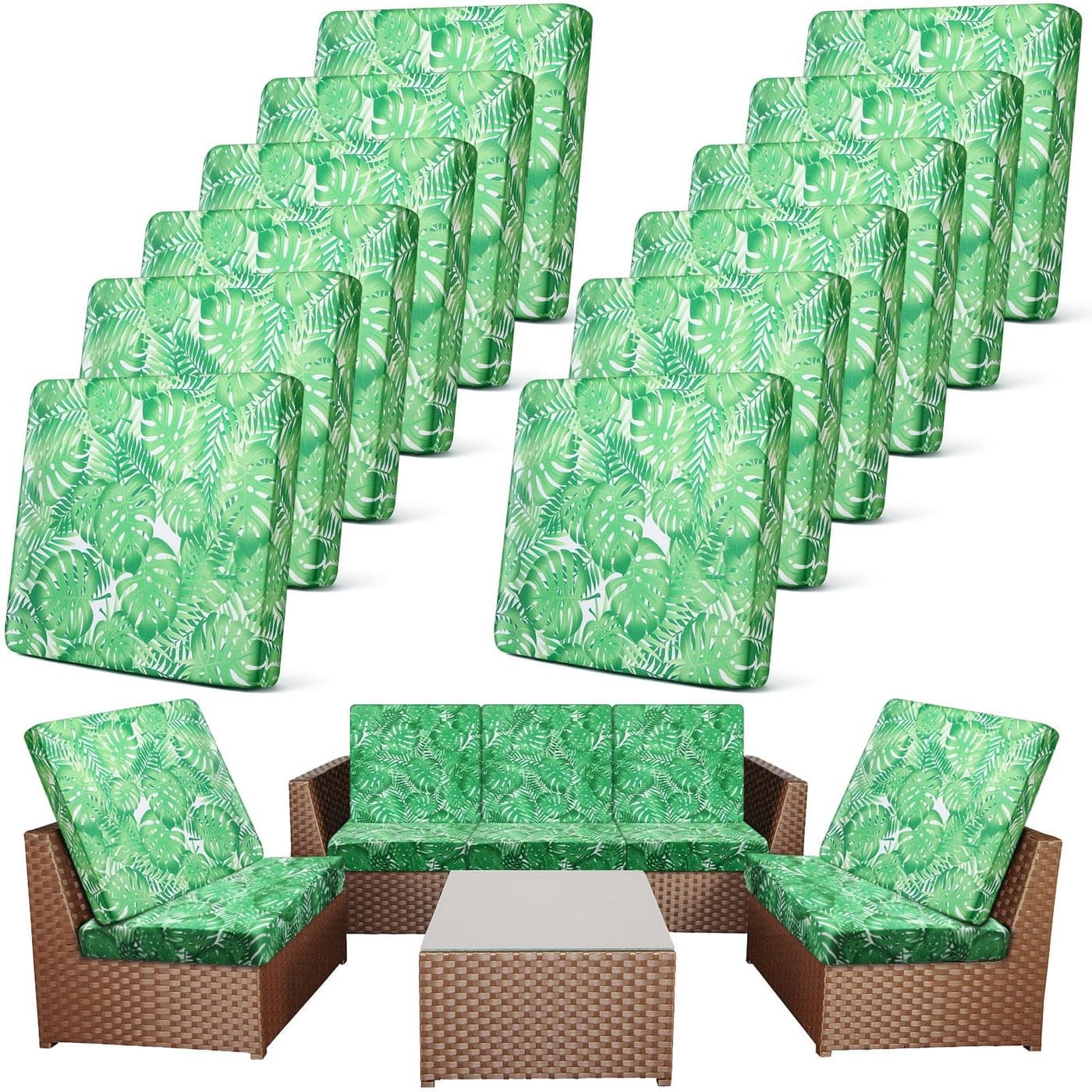 Newwiee 12 Pcs Patio Cushion Covers Outdoor Stretch Sofa Couch Cover Replacement Couch Slipcover Sofa Seat Chair Porch Patio Furniture Protector Flexibility WashableGreenMonstera