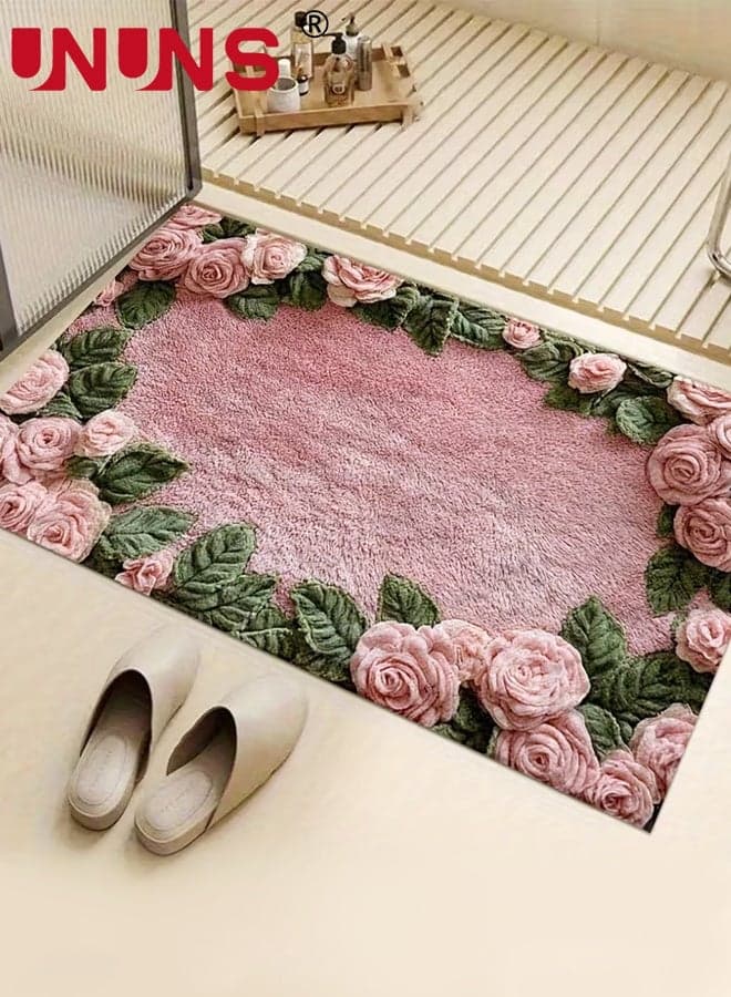 Door Mat,Pink Rose Pattern Non-Slip Bath Rug,Floral Anti-Slip Mat,Floor Mat,Entryway Mat,Fluffy Rose Floor Runner,Bathroom Absorbent Mat Living Room,Laundry Room, Hallway,Bathroom,50*80CM