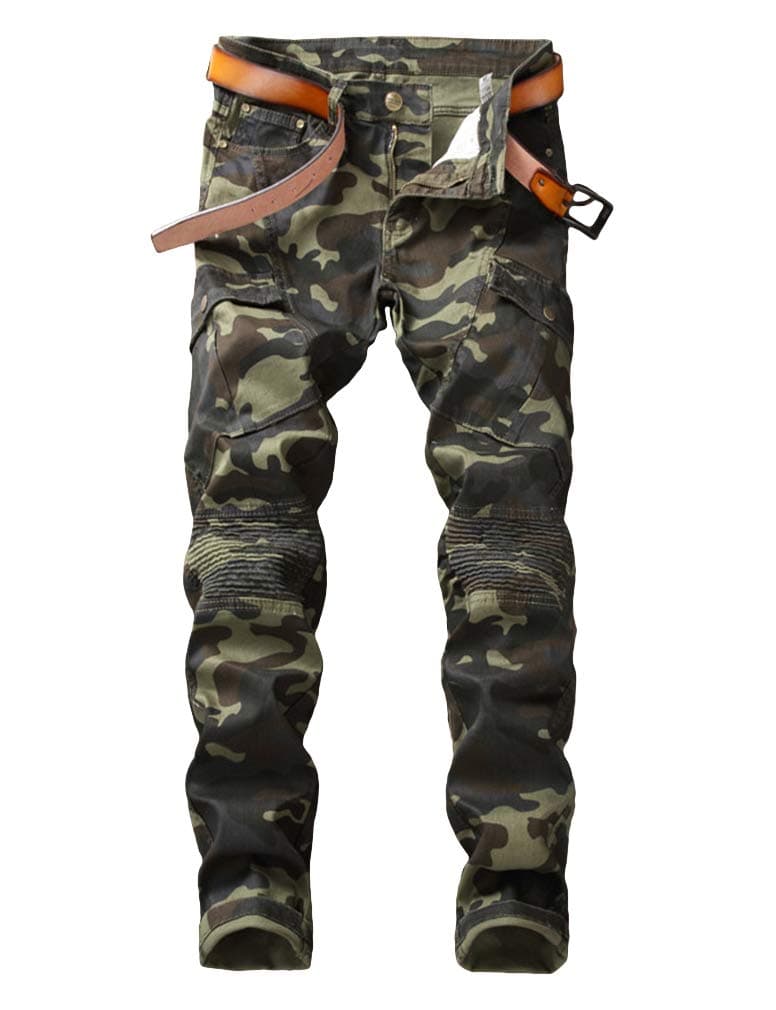 Mens Runway Camo Cargo Skinny Moto Biker Jeans Patches Denim Pants 8013 Camouflage 38