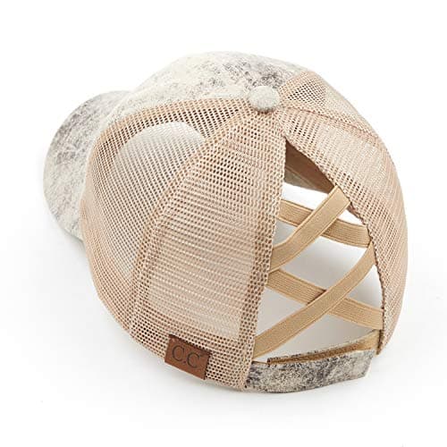 Funky Junque Funny Criss Cross Ponytail Hat for Women, Messy Bun Ball Cap, Distressed Baseball Cap - Faux Leather Snakeskin - Beige