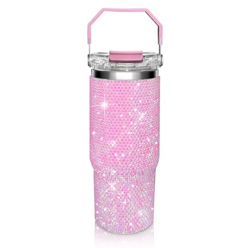 Bling Rhinestone Studded Tumbler with Top Handle Bling Cups Stainless Steel Water Bottle Diamond Glitter Tumbler for Women Birthday Gifts for Women MomGet Well Soon Gifts Pink