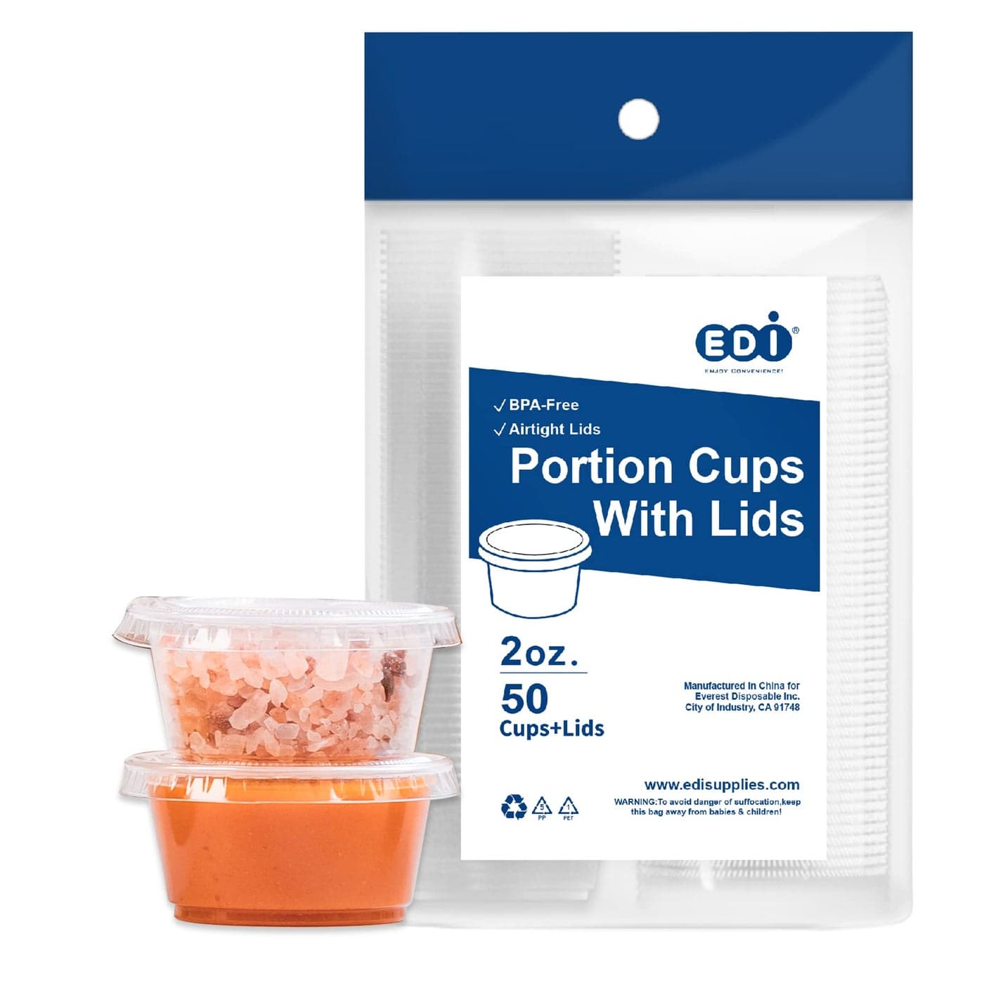 EDI Clear Disposable Plastic Portion Cups with Leakproof Lids Jello Shot Condiment and Dipping Sauce Souffle BPA Free Recyclable 2 OZ 50 Sets