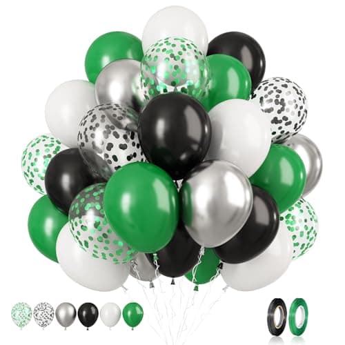 Dark Green Balloons Set, 60 PCs Green Black Party Balloons, Confetti & Metallic Silver Latex for Helium, Boys' Video Game Football Theme Decor