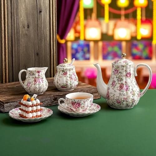 E - Ezra Tea Cup Set with Kettle, Sugar & Milk Pot for Hosting & Gatherings | 15 Pieces - 6 Cups, 6 Saucers, 1 Tea Kettle, 1 Milk & 1 Sugar Pot | Wide Mouth Latte Cups