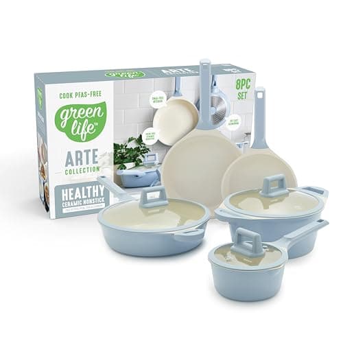 GreenLife 8 Piece Ceramic Nonstick Cookware Set, Induction Suitable Non Toxic PFAS-Free Pots & Pans, Dishwasher Safe, Cooking Set, Stock Pot, Saucepans & Frying Pans, Kitchen Cooking, Light Blue