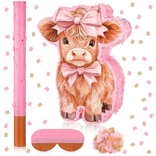 Feifeiya Pink Highland Cow Piata Birthday Party Supplies Piata Bundle with a Blindfold Bat and Confetti Highland Cow Decorations