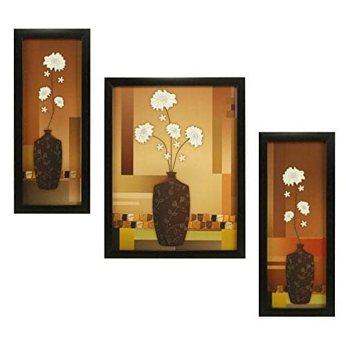 Indianara 3 PC Set of Floral Paintings Without Glass 5.2 X 12.5, 9.5 X 12.5, 5.2 X 12.5 inch