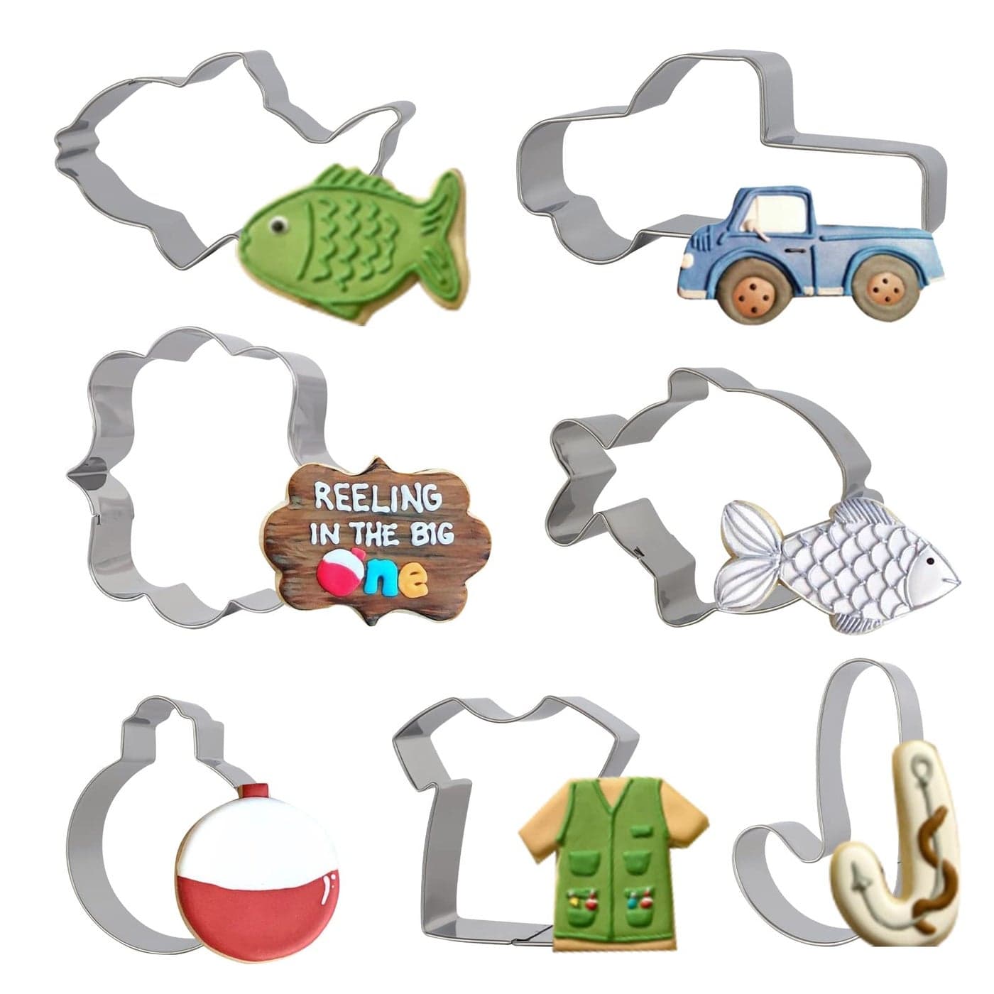 Gone Fishing Cookie Cutter Set with Stainless Steel Sports Jersey Fish Candy Cane Fishing Bobber for Fisherman Fishing Themed Party Supplies