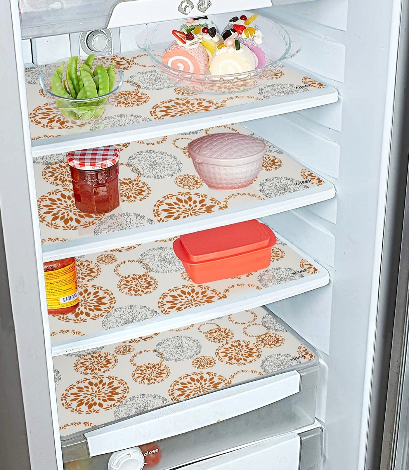 Kuber Industries Reversible Rangoli Print Fridge/Drawer Mats|Water Proof PVC Material|Ranctangular Shape & Non Slip| Size 45 x 30 CM, Pack of 6 (White)