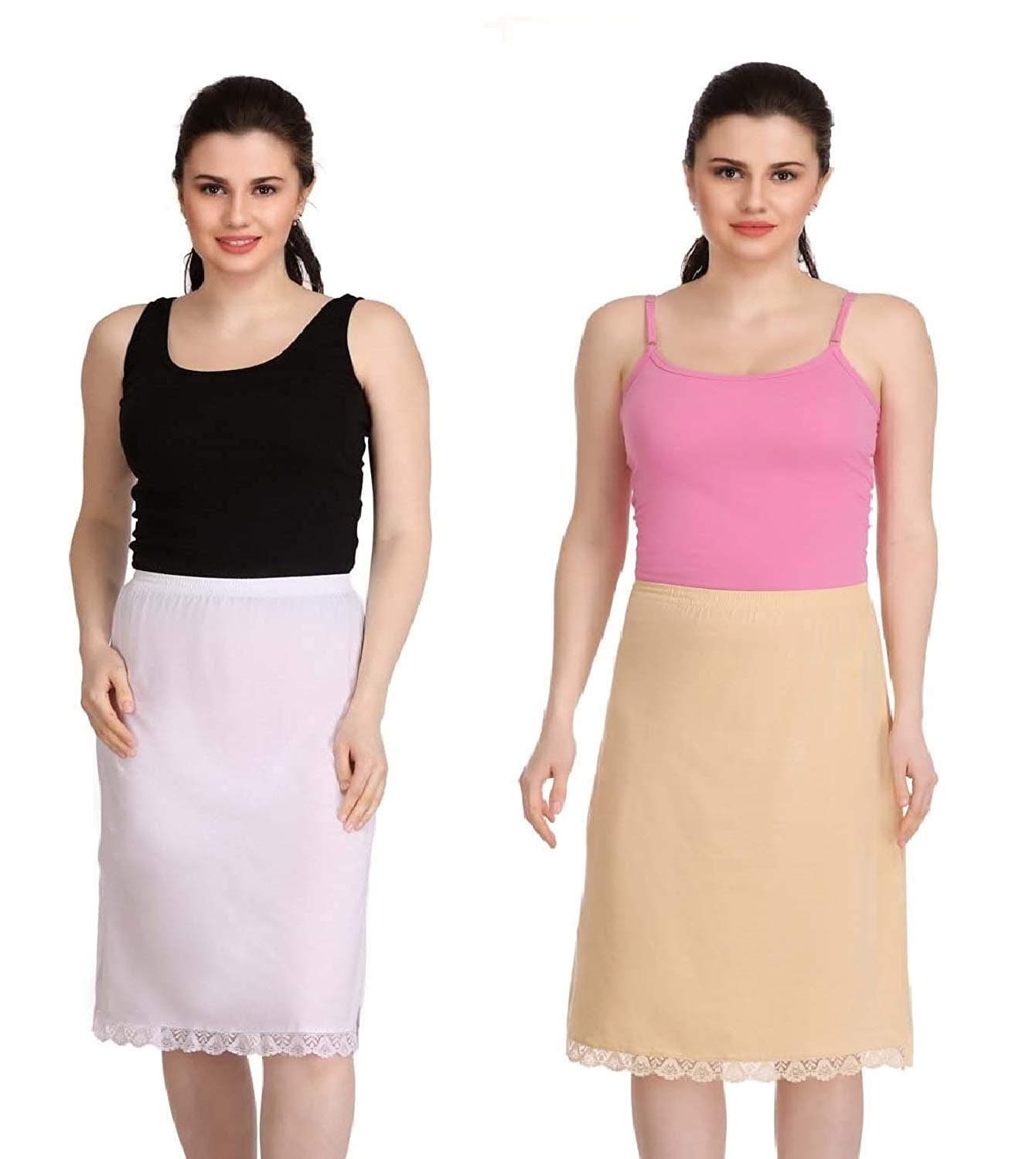 Splash Cotton Rich Regular Skirt Slip for Women - Knee Length - White+Beige - M