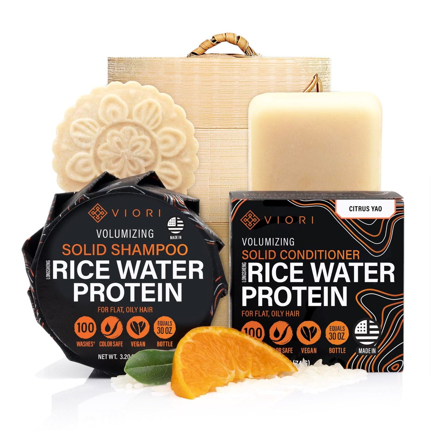 Viori Citrus Yao Shampoo and Conditioner Bar Set and Bamboo Holder Made with Rice Water for Hair Growth Handcrafted Sulfate Free Shampoo and Conditioner