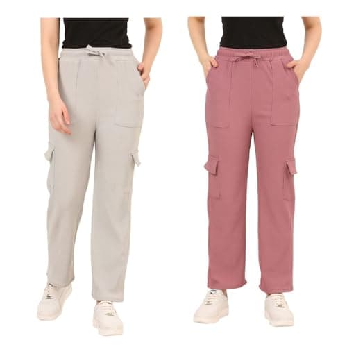 IndiCrafts Trendy Straight-Fit Cargo Palazzo Pants for Kids Girls |High-Waist Casual Wear with Pockets | Comfortable & Versatile Bottoms for Everyday Fashion (Grey, Pink_12-13 Y)| Pack of 2