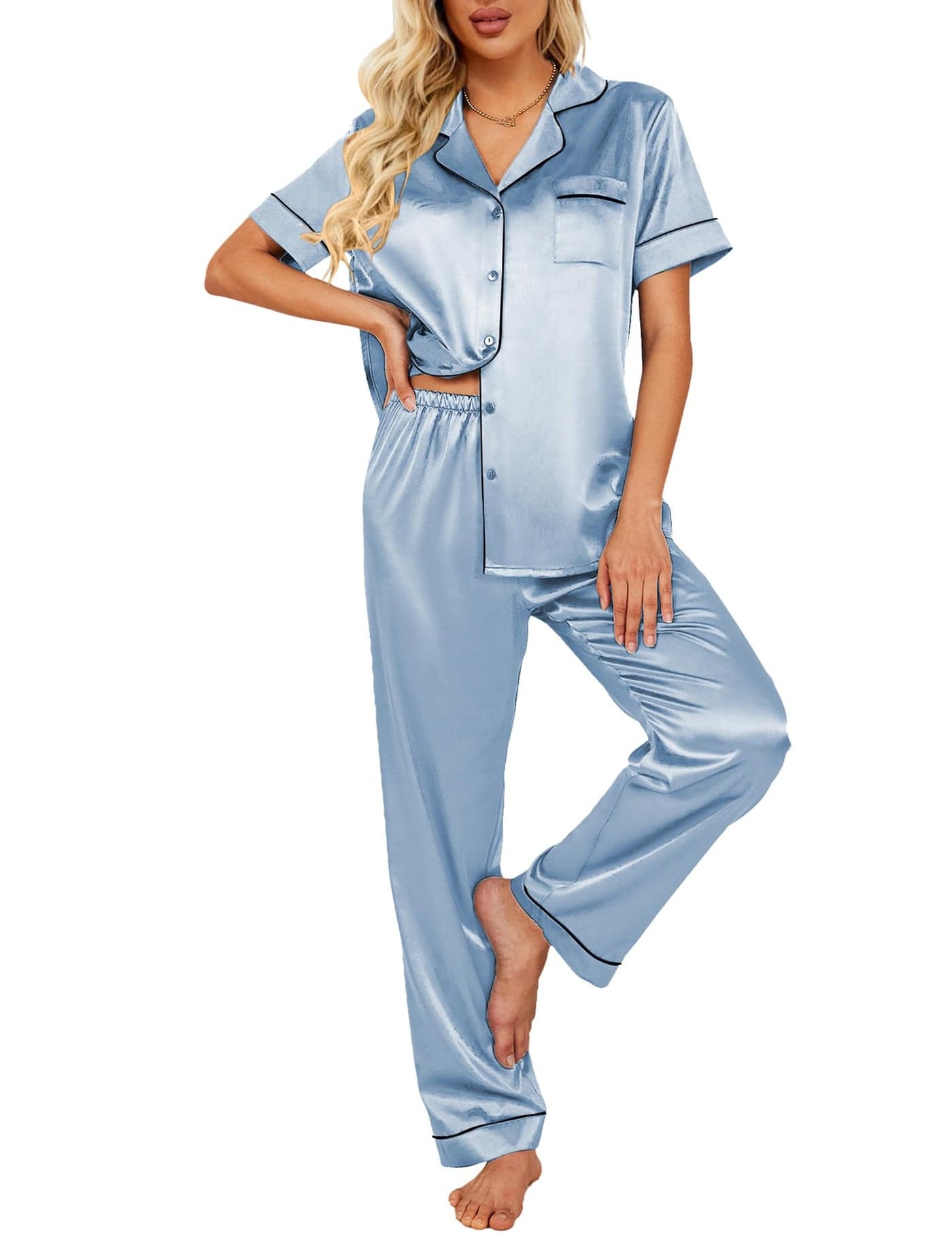 Ekouaer Silk Satin Pajamas Set Women Short Sleeve Sleepwear Soft Button Down Loungewear Pjs Set Light blue Medium