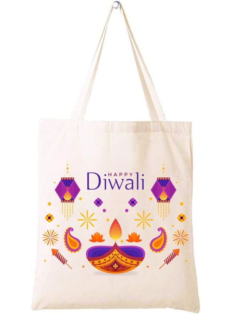 Happy Diwali Printed Canvas Cotton Bags-Gifts For Friends And Family-Reusable Party Bags