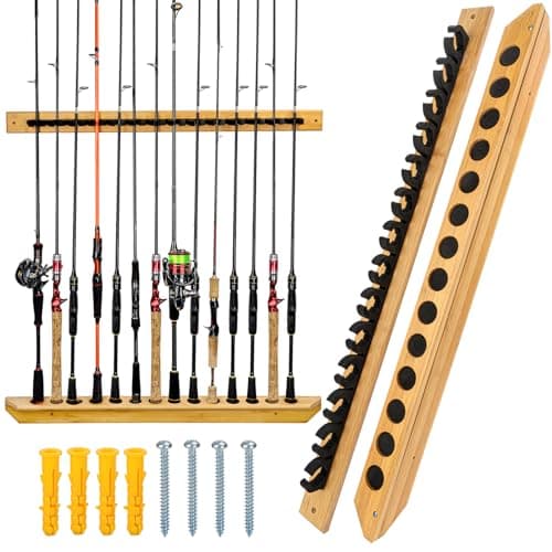 THKFISH Fishing Rod Racks Fishing Rod Holders for Garage Wood Fishing Pole Wall Rack Store 14 Fishing Rod Combos1 Pair