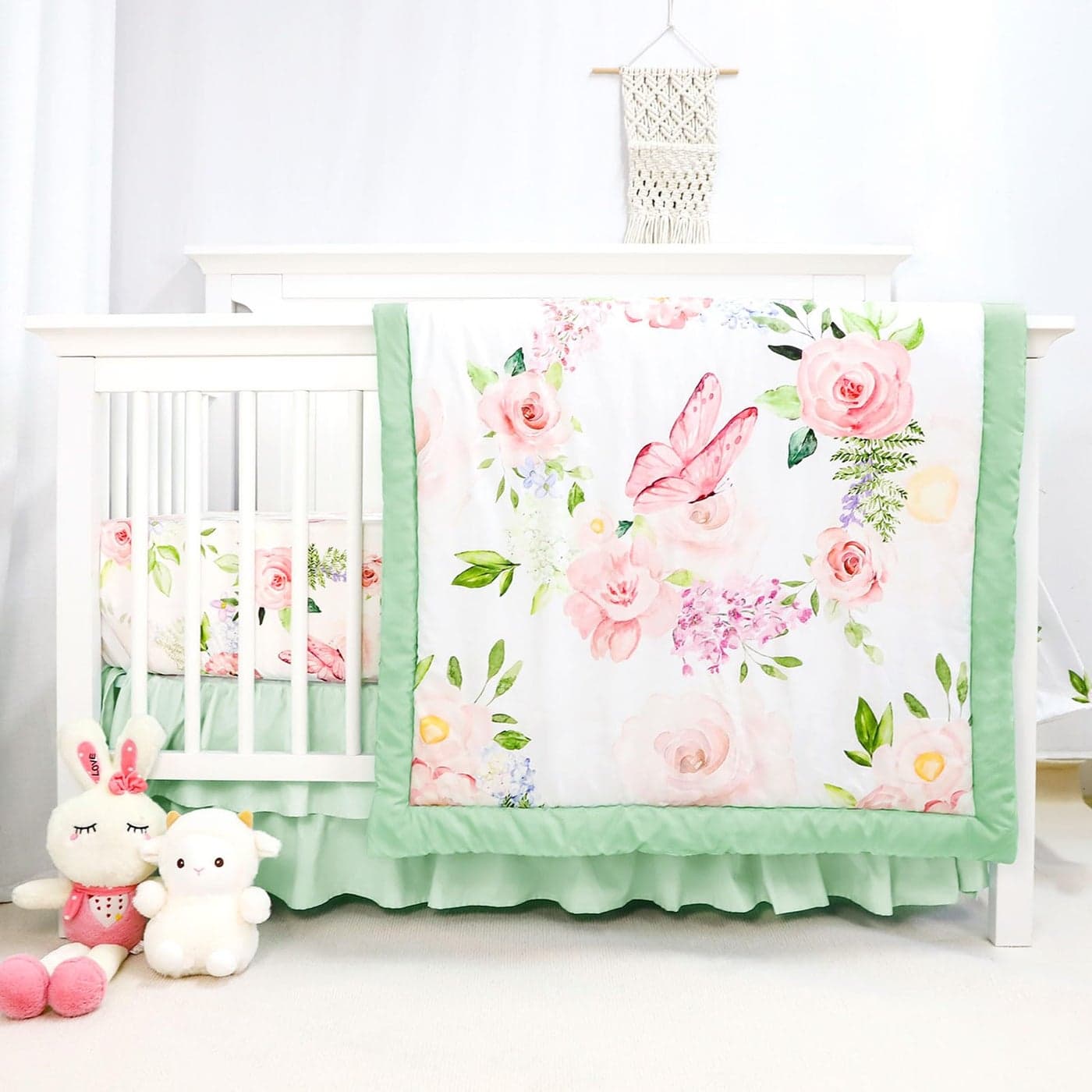 CARUILI 4Piece Crib Bedding Set Baby Girl Crib Bedding Set Butterflies Floral Nursery Bedding Set Includes Comforter Fitted Crib Sheet Crib Skirt and Diaper Stacker Green Pink