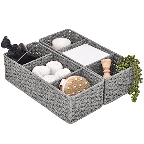 StorageWorks 3-Section Wicker Baskets for Shelves, Hand-Woven Round Paper Rope Storage Baskets, Gray, 2-Pack
