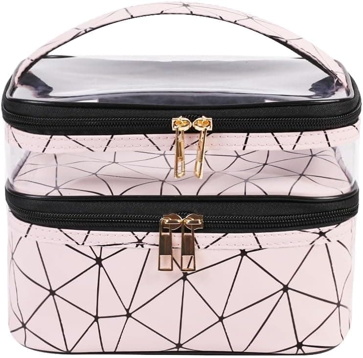NETXE Make up Organiser for Women Double Layer 16 Cms Cosmetic Bag Organizer Makeup Pouch for Women Travel Cosmetics Case Toiletry Bags for Girls Pink
