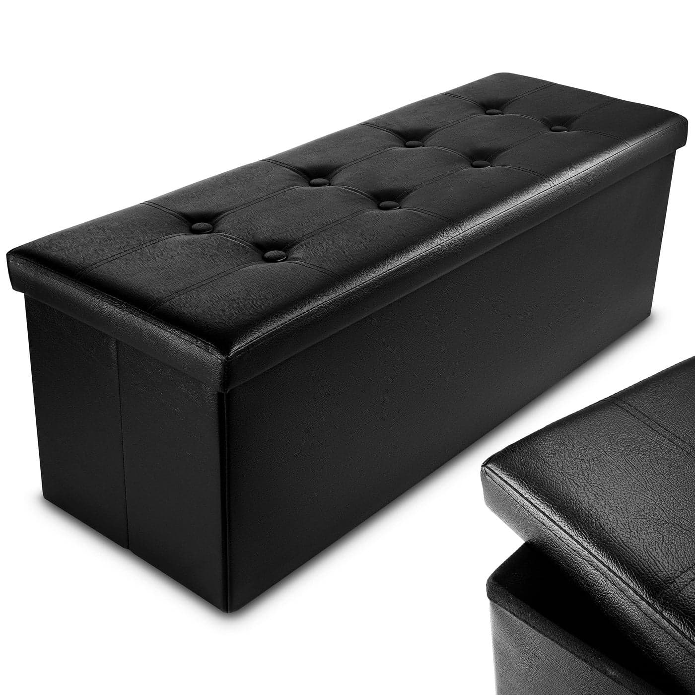 Nyxi Faux Leather 110 38 38cm Black Ottoman Foldable Storage Boxes Seat Foot Stool Storage Box with Lids for Kids Toys Bedroom Hallway Living Room
