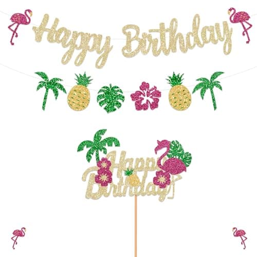 FHGG Glitter Tropical Happy Birthday Banner Luau Hawaiian Cake Toppers Flamingo Flower for Summer Birthday Party Decorations Theme Baby Shower Supplies