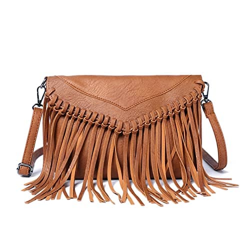 Oweisong Fringe Crossbody Purse for Women Western Cowgirl Purse Leather Tassel Fanny Packs Black Shoulder Handbags