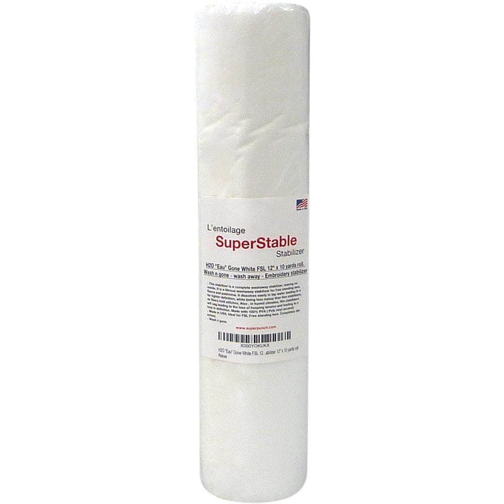 Superpunch Wash Away Stabilizer SuperStable H2O Eau Gone White FSL 12 inch x 10 Yard Roll Machine Embroidery Stabilizer Backing Wash n Gone Wash Away for Free Standing Lace Made in USA