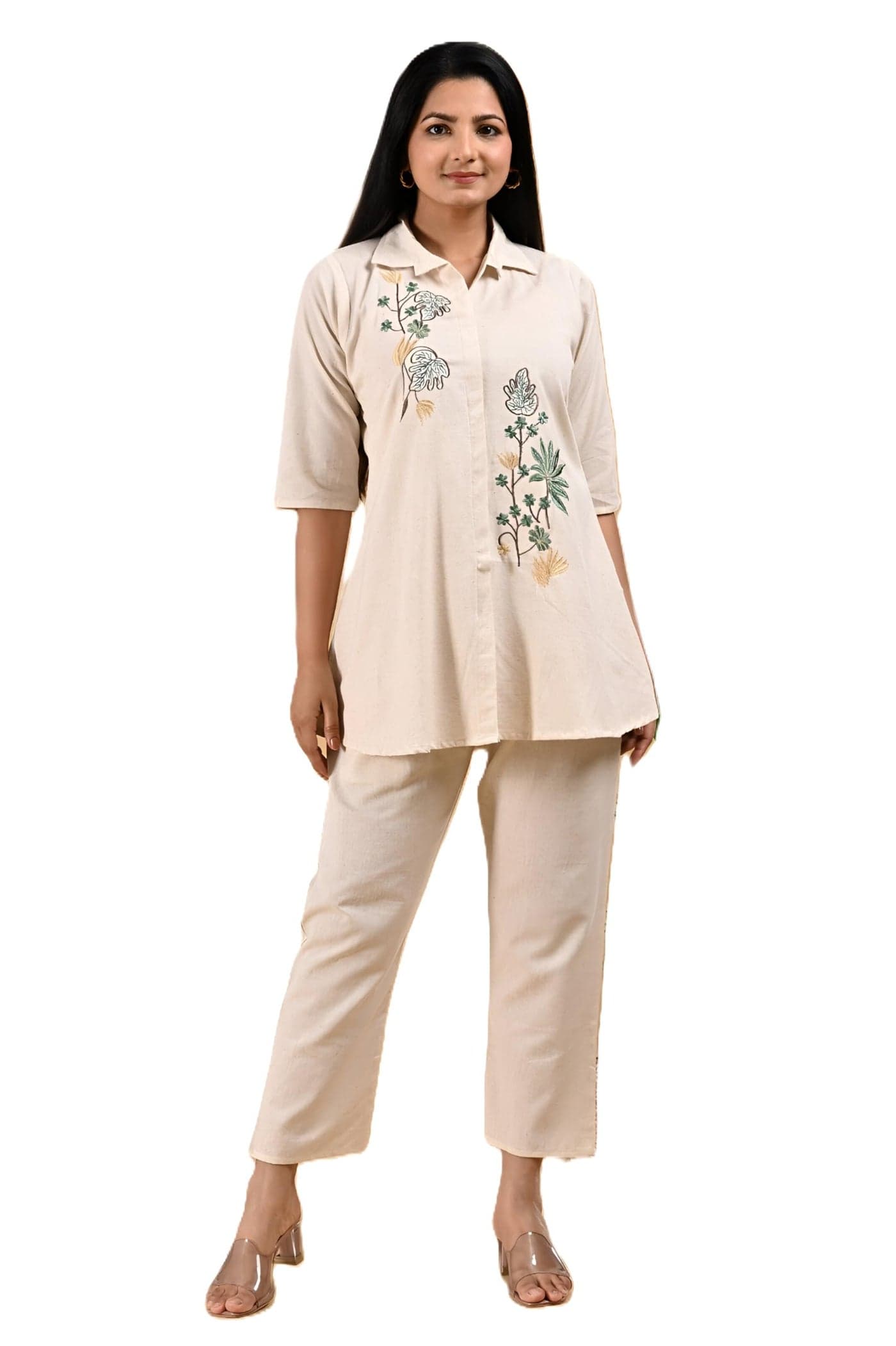 THIRD QUADRANT Women's Solid Colour embroidered collared Neck 3/4 Sleeve Co-Ord Set | Casual Wear Co Ord Set | khadi cotton Kurta Set for Women (IN, Alpha, L, off white)