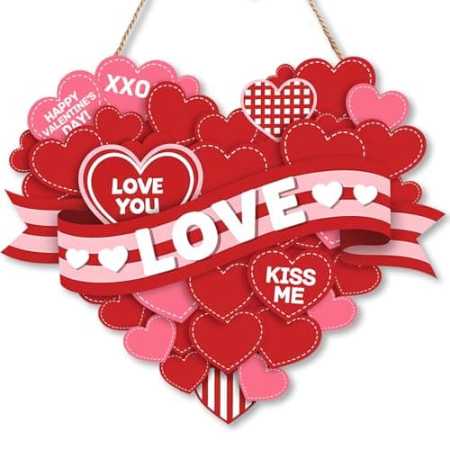 Valentines Day Wreath Wooden Heart Hanging Sign Layered Heart Design with Red Pink Soft Pink Color Palettes, Wooden Ribbon Style Accents Romantic Love Phrases, Festive Door Wall Mantel Decor for Valentine’s Day Red