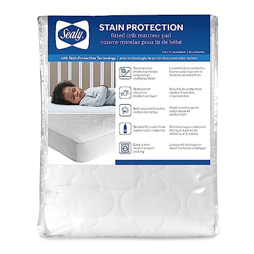 Sealy Baby Stain Protection Waterproof Crib Mattress Protector Cover, Fitted Toddler Bed Pad, Protective Sheet for Boys and Girls Bedding, Noiseless & Machine Washable/Dryer Friendly 52x28 - White