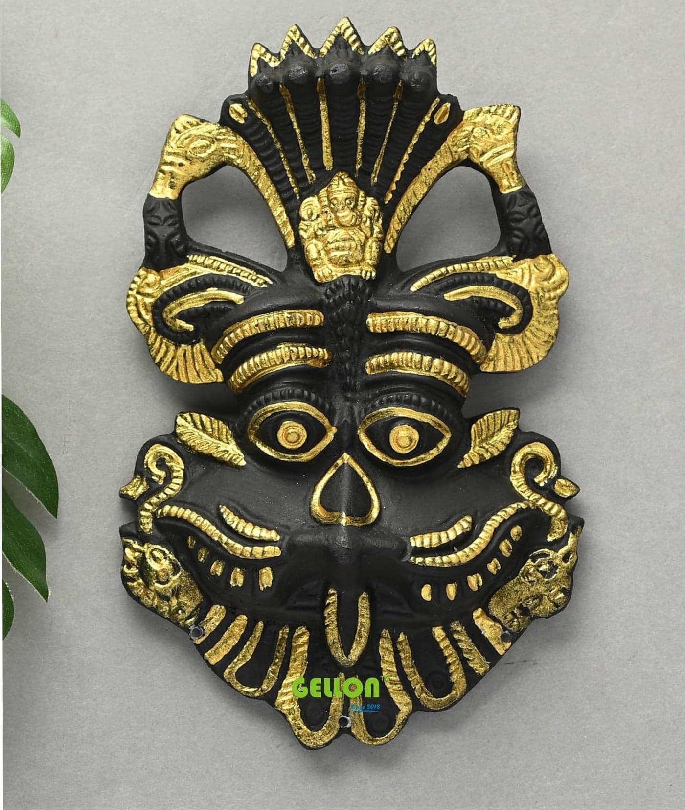 Gellon Kirtimukh In Matte Black Finish With Golden Latkan For Home Door In Metal, Kirtimukha Wall Hanging For Home Decor, Nazar Battu For Door Entrance (Kirtimukha Without Latkan)