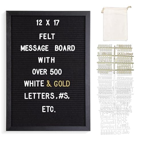 Real Wood Framed Felt Letter Board, Changeable Message Board, 12" x 17", Folding Stand and Wall Mount, 500+ Pieces of White & Gold Letters, Numbers &Words, by Better Office Products (Black/Black)