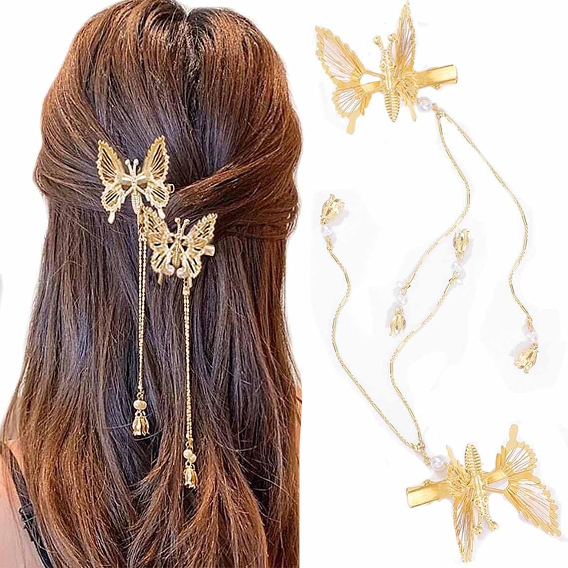 Bartosi Butterfly Clips Hair Gold Hair Barrettes Fluttering Tassel Hair Accessories Set for Women and Girls Pack of 2