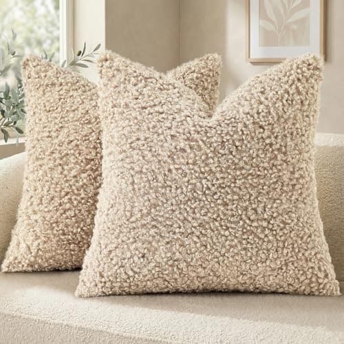 decorUhome Pack of 2 Throw Pillow Covers 20x20 Inch Faux Fur Decorative Sherpa Pillow Covers Fuzzy Accent Soft Sheepskin Fleece Pillow Cases for Couch Living Room Bed Neutral Oatmeal