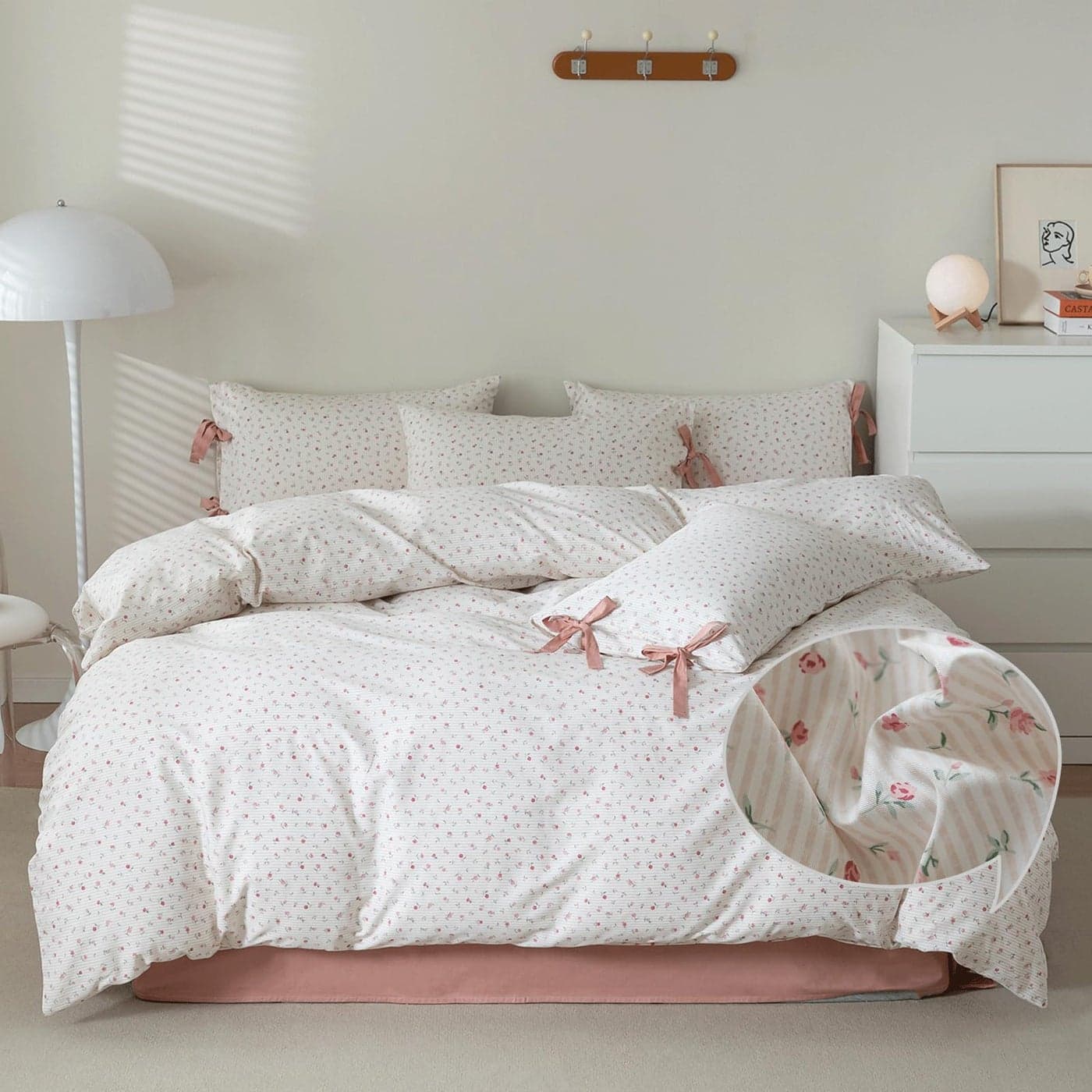VM VOUGEMARKET Rose Flower Duvet Cover Queen Stripes Bedding Set 100 Cotton Vintage Country Style Girls Comforter Cover with 2 Bow Tie PillowcasesOffWhiteCream