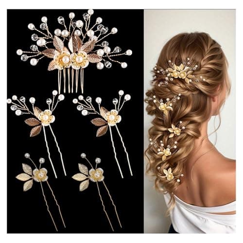 YUISI 5Pcs Wedding Hair Pins Hairstyle Decoration Bride Clips, Hair Accessories for Woman, Luxury Gold Pearl Flower Bun and Braid Hair Accessories for Bridal Hairstyles