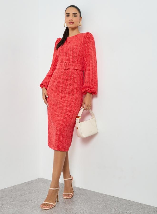 Red Tweed Balloon Sleeve Sheath Midi Dress