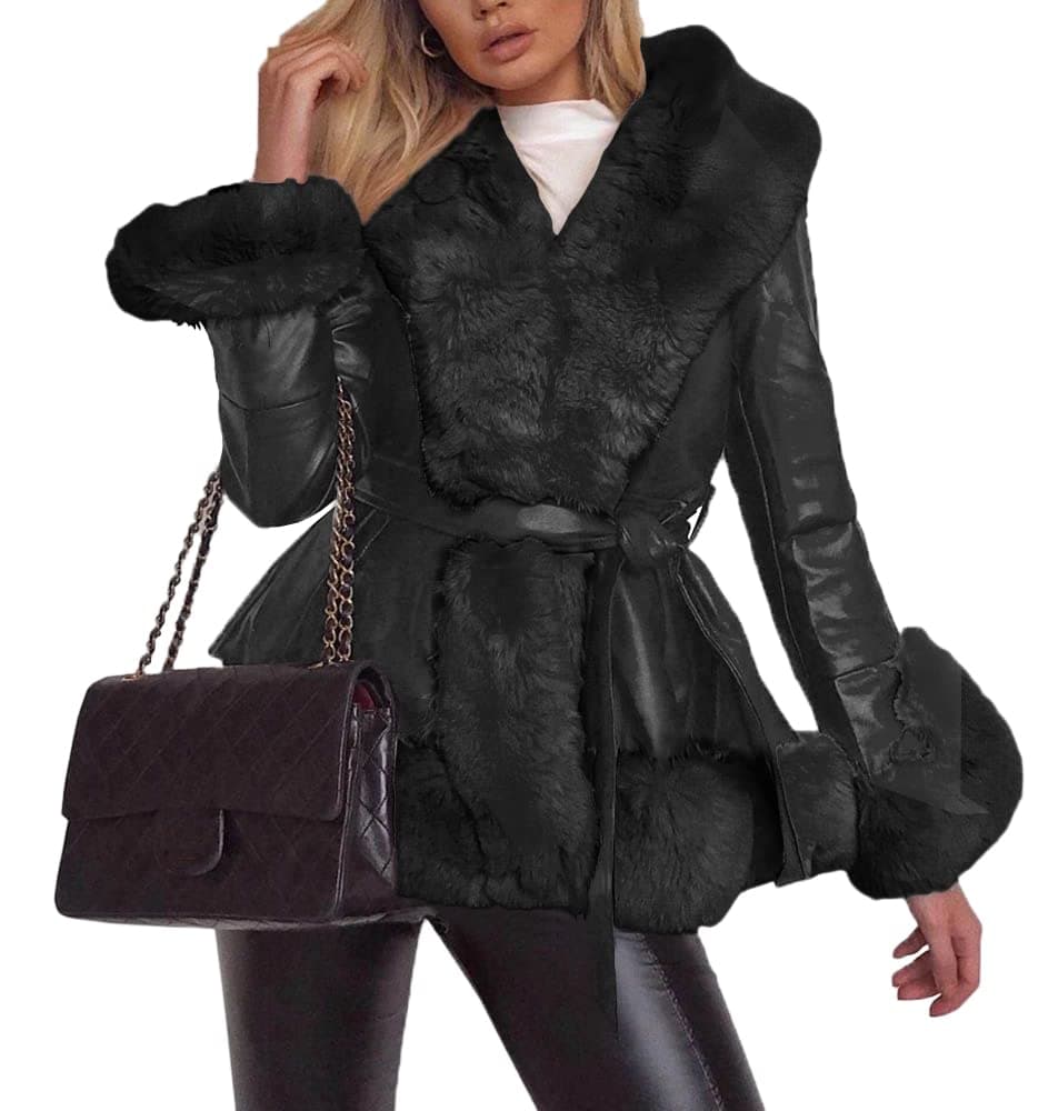 Aurgelmir Womens Faux Leather Jacket Coat ShortLong Parka Coat with Fur Collar Outwear