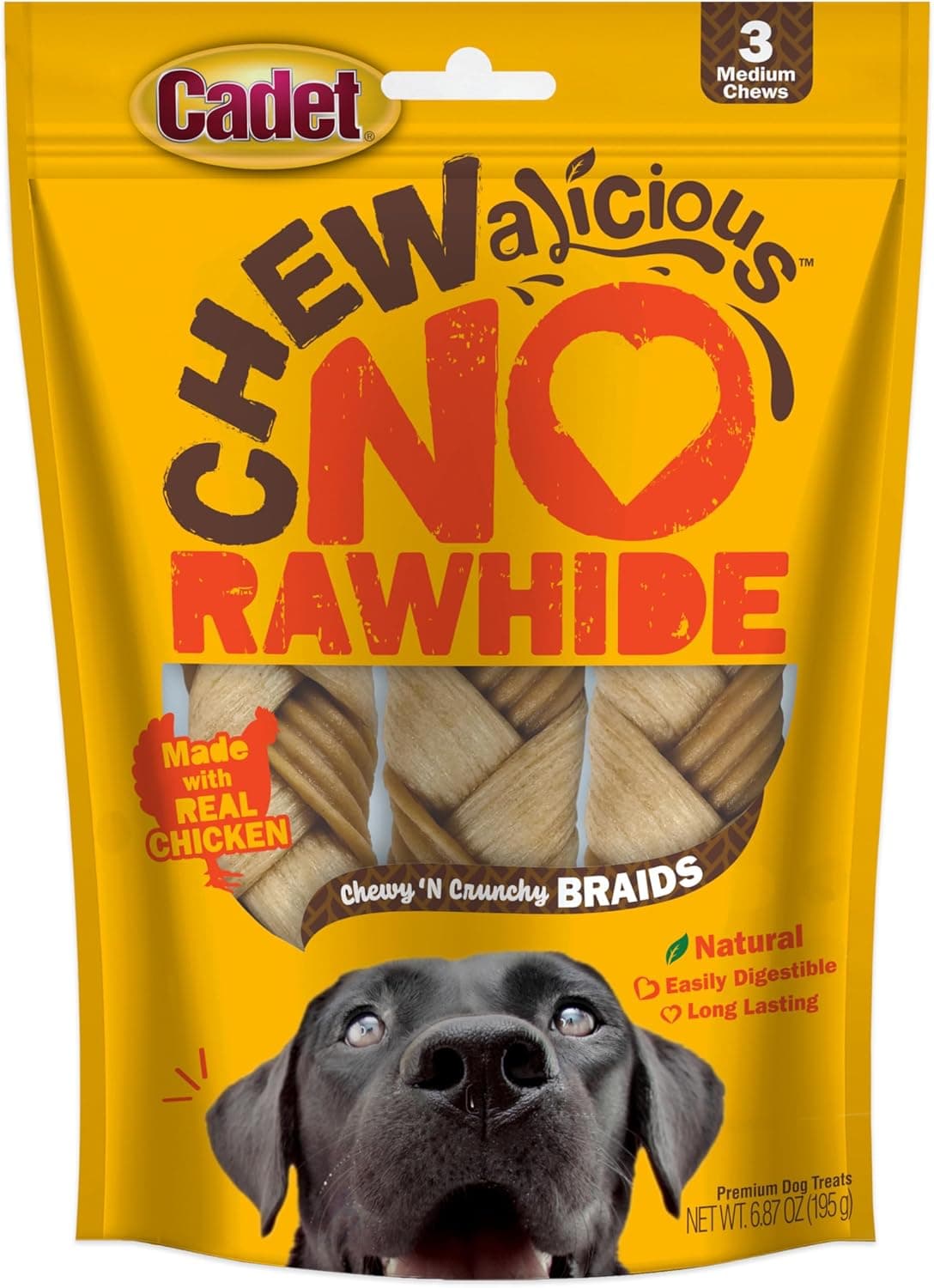 Cadet Chewalicious Chewy N Crunchy Braid Dog Treats Limited Ingredient RawhideFree LongLasting Chews for Dogs Made with Real Chicken 3 Count