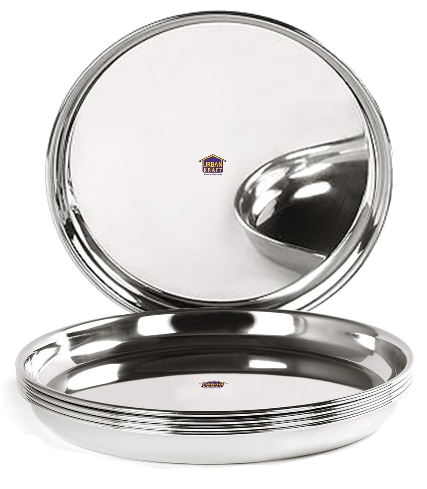 URBAN KRAFT Stainless Steel Plate/Heavy Guage Steel Dinner Plates Set of 4 / High Grade Steel Plates for Lunch/Dinner with Mirror Finish, Bpa Free - Steel Thali Set (Pack of 4, 26.5 cm)