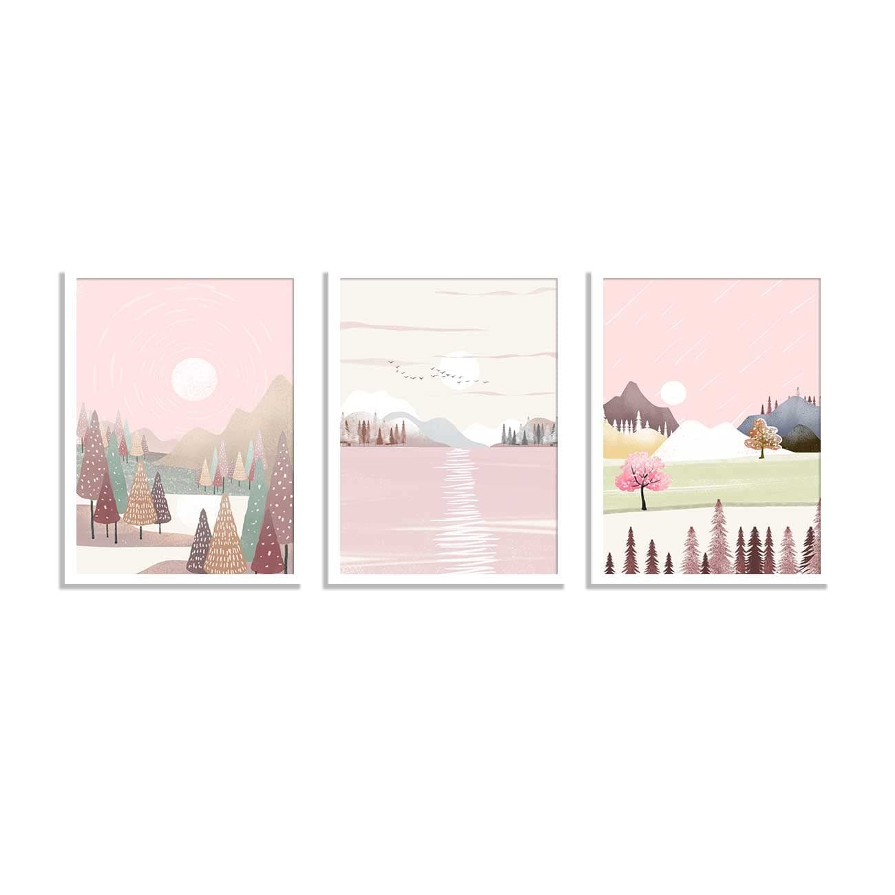 Painting Mantra Set of 3 Art Prints for Wall Decor Blossom Pink Heart Of Nature White Framed Art Print for Home and Living Room Decoration Size 175 x 395 Inchs